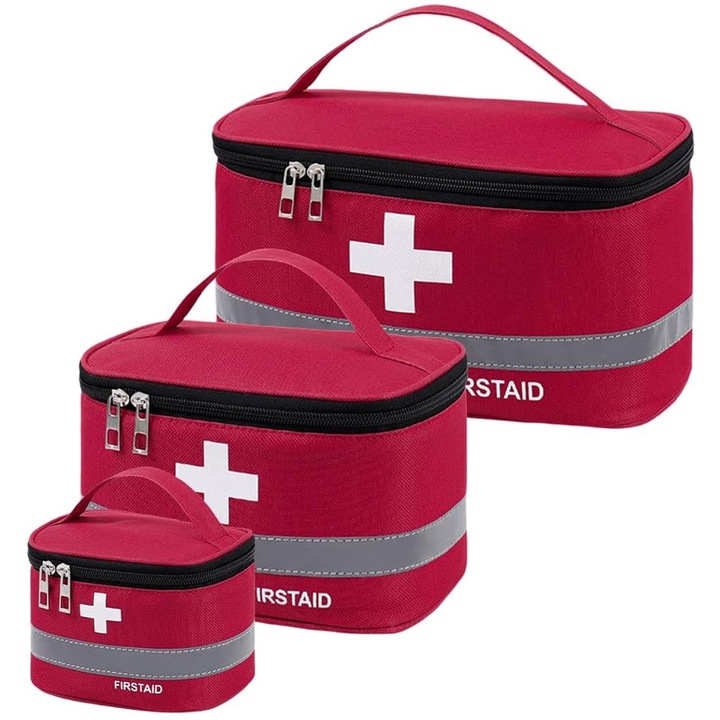 Аптечка за първа помощ, Медицински комплект, Аксроуд Мол, 3 размера, Със светлоотразителна лента, Рипстоп, Водоустойчив, С вътрешни отделения и дръжка, Приложим за пътуване, оцеляване, Оксфорд, 26x14x14cm, 19x13x12cm, 14x10x10cm, Червен