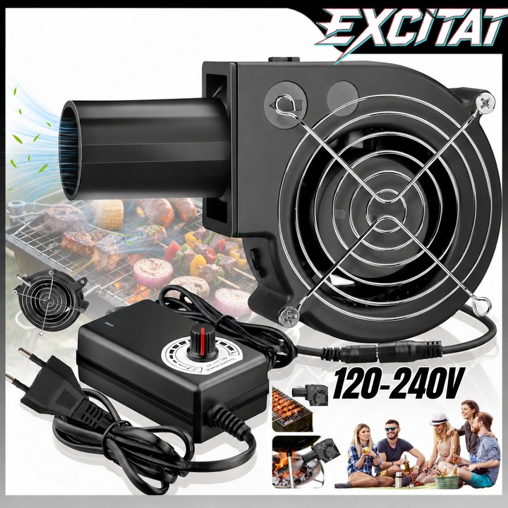 Suflanta portabila pentru gratar, 97mm, EXCITAT®, controler de viteza 12V, alimentare 120-240V AC, utilizare versatila, pentru sobe de gratar in aer liber, gatit de camping, sobe cu lemne, carbune, Negru