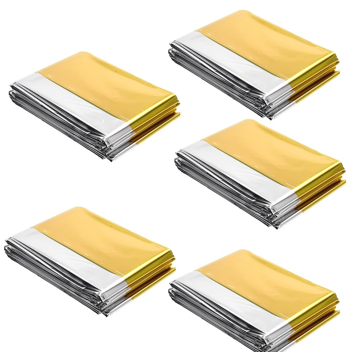 5 db szigetelt takaró készlet, SINBINTA, hőszigetelő, fényvisszaverő, víz- és szélálló, hordozható, újrafelhasználható, kempingezéshez, túrázáshoz, földrengésekhez stb., műanyag/alumínium fólia, 210*160 cm, többszínű