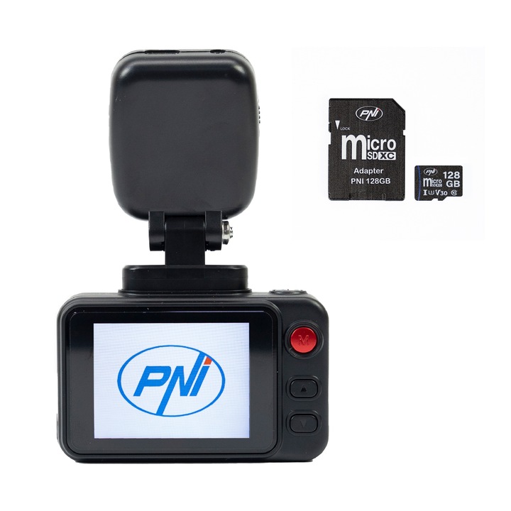 Camera auto DVR PNI Voyager S2500, WiFi, 4K UHD, ecran 2 inch si card de memorie microSD 128GB inclus