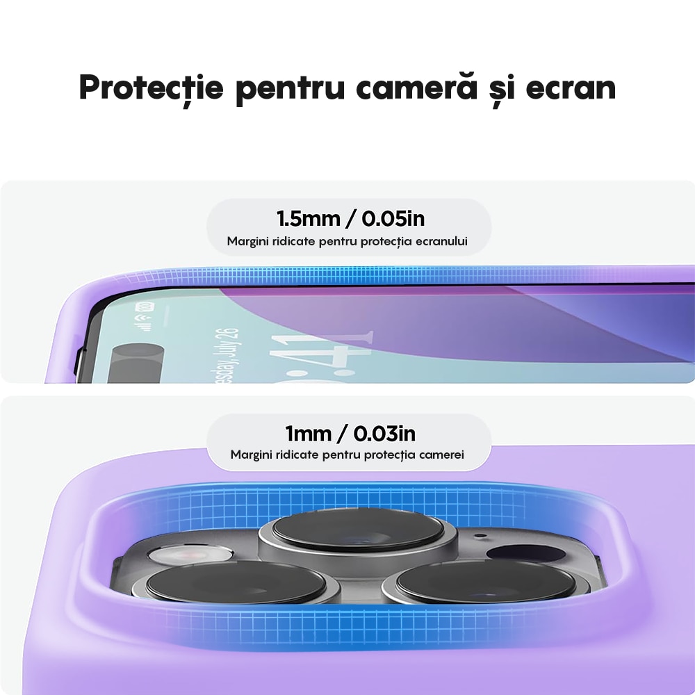 Husa CASEY STUDIOS™ compatibila cu iPhone 15 Pro, Soft Silicone Premium, Microfibra in Interior, Light Lilac, de Protectie, Ultra Slim, pentru Incarcare Wireless, Margini Ridicate de Protectia Ecranului si a Camerelor
