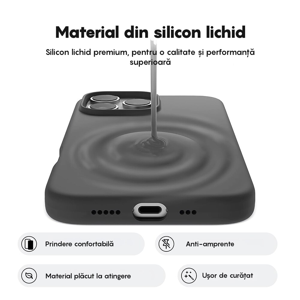 Husa CASEY STUDIOS™ compatibila cu iPhone 16 Pro, Soft Silicone Premium, Microfibra in Interior, Dark Grey, de Protectie, Ultra Slim, pentru Incarcare Wireless, Margini Ridicate de Protectia Ecranului si a Camerelor