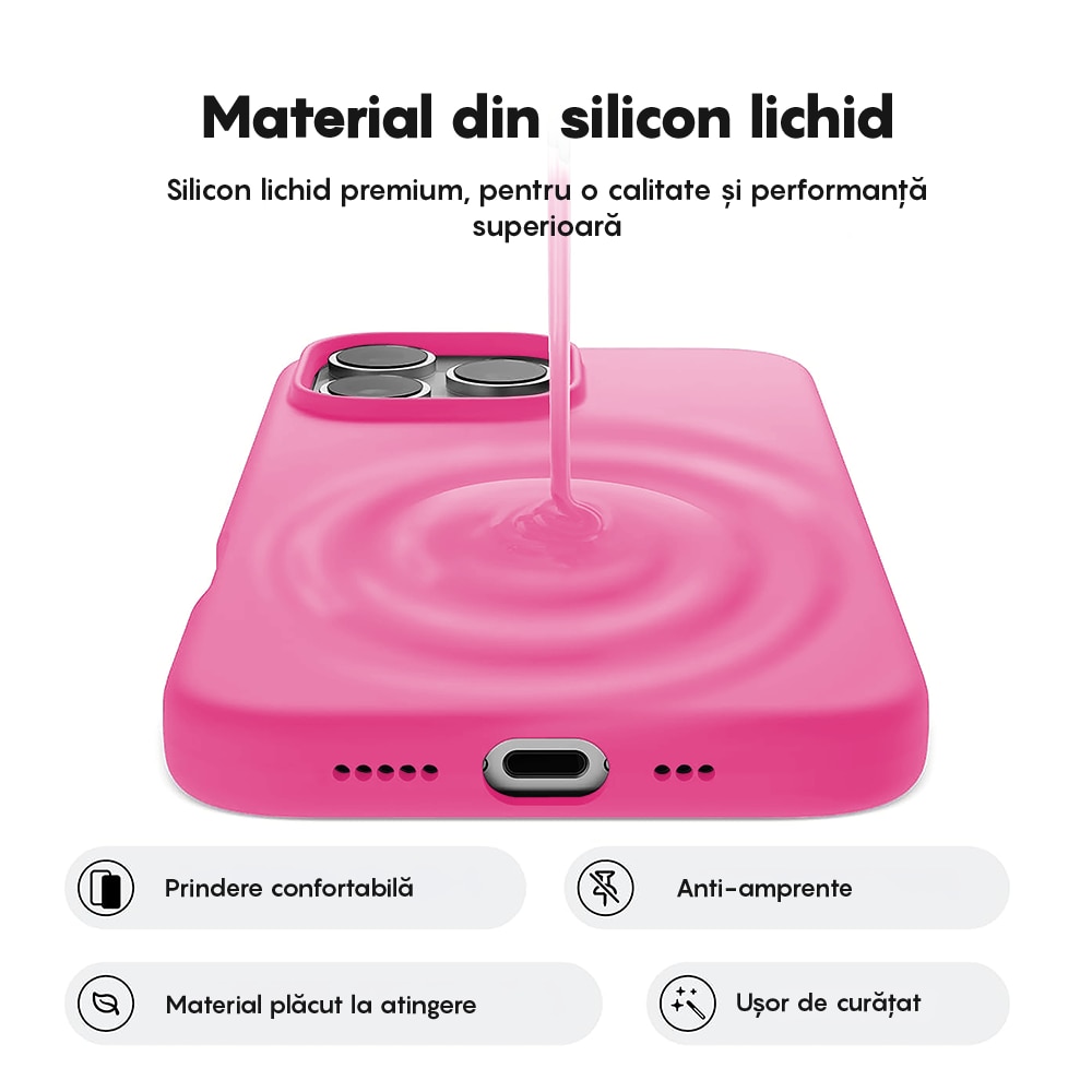 Husa CASEY STUDIOS™ compatibila cu iPhone 16 Pro, Soft Silicone Premium, Microfibra in Interior, Fuchsia, de Protectie, Ultra Slim, pentru Incarcare Wireless, Margini Ridicate de Protectia Ecranului si a Camerelor