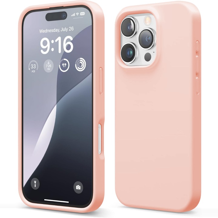 Кейс CASEY STUDIOS™ за Apple iPhone 16 Pro, мек силикон Premium, микрофибърна вътрешна част, розов пясък, защитен, ултра тънък, за безжично зареждане, повдигнати ръбове за защита на екрана и камерата