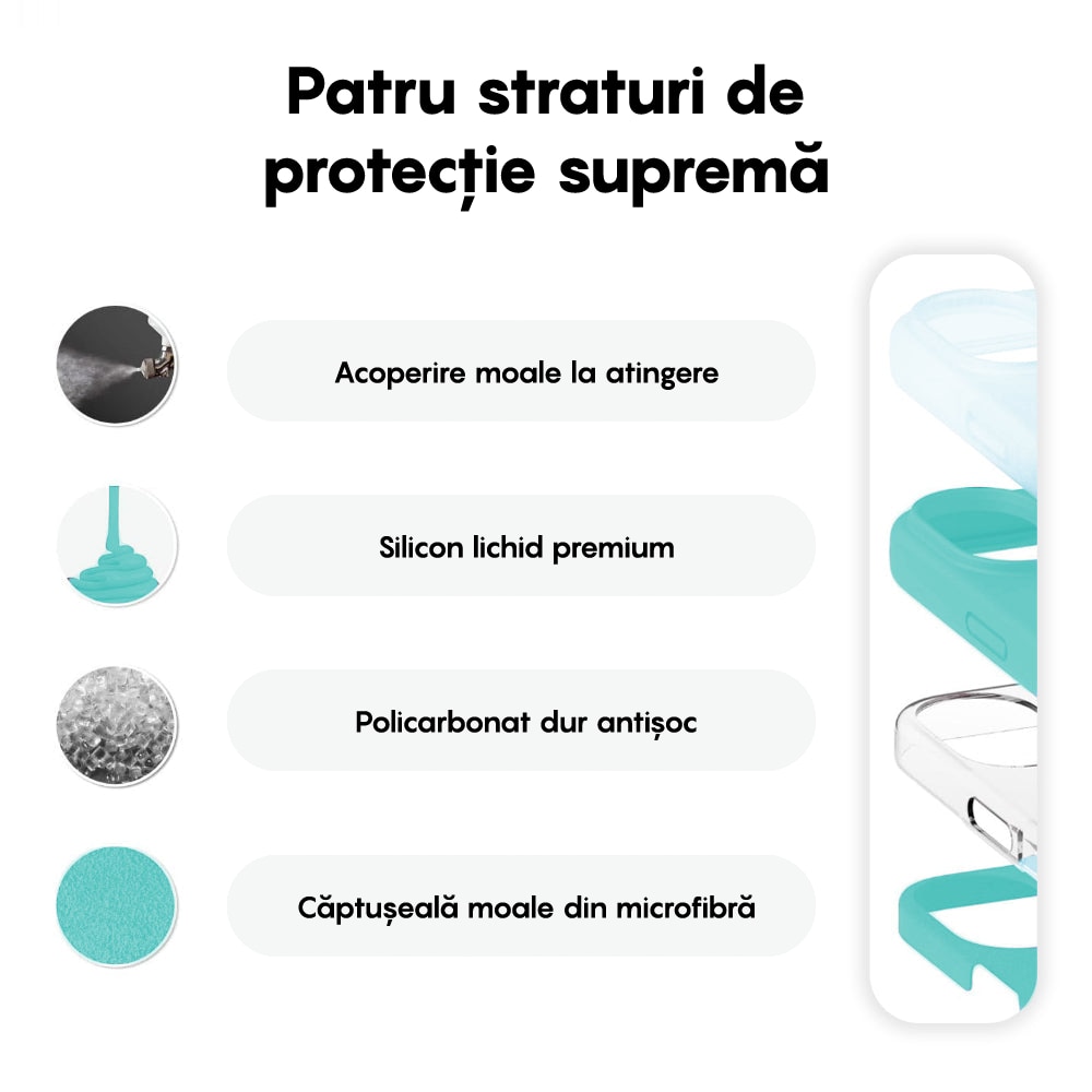 Husa CASEY STUDIOS™ compatibila cu iPhone 16 Plus, Soft Silicone Premium, Microfibra in Interior, Turcoaz, de Protectie, Ultra Slim, pentru Incarcare Wireless, Margini Ridicate de Protectia Ecranului si a Camerelor