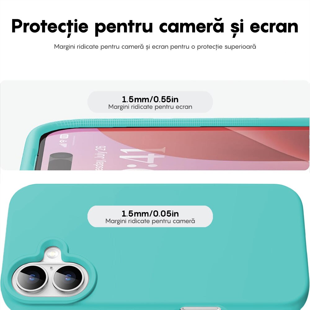 Husa CASEY STUDIOS™ compatibila cu iPhone 16 Plus, Soft Silicone Premium, Microfibra in Interior, Turcoaz, de Protectie, Ultra Slim, pentru Incarcare Wireless, Margini Ridicate de Protectia Ecranului si a Camerelor