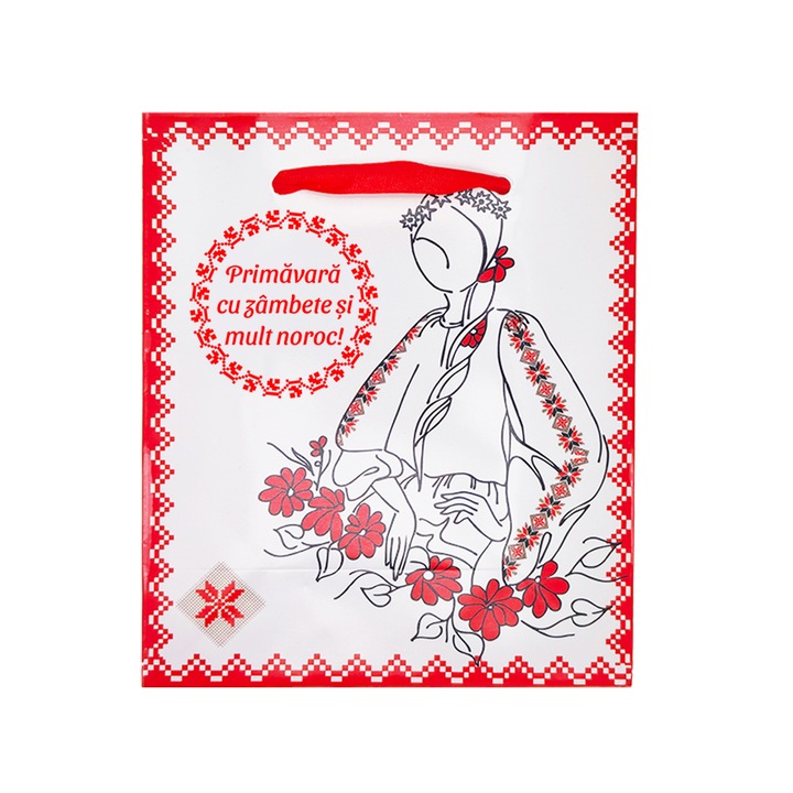 Punguta Cadou Doamna Primavara Urare Zambete, 12x14.5x6cm