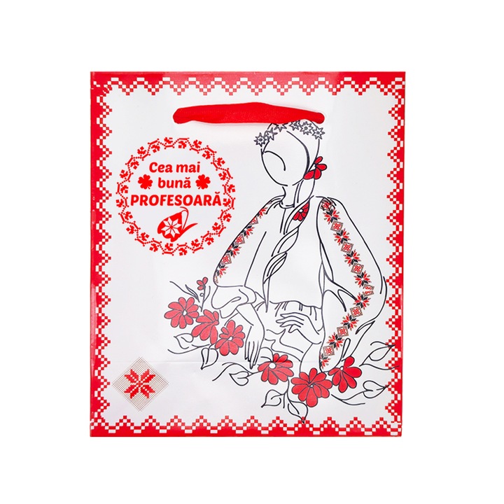 Punguta Cadou Doamna Primavara Dedicatie Profesoara, 12x14.5x6cm