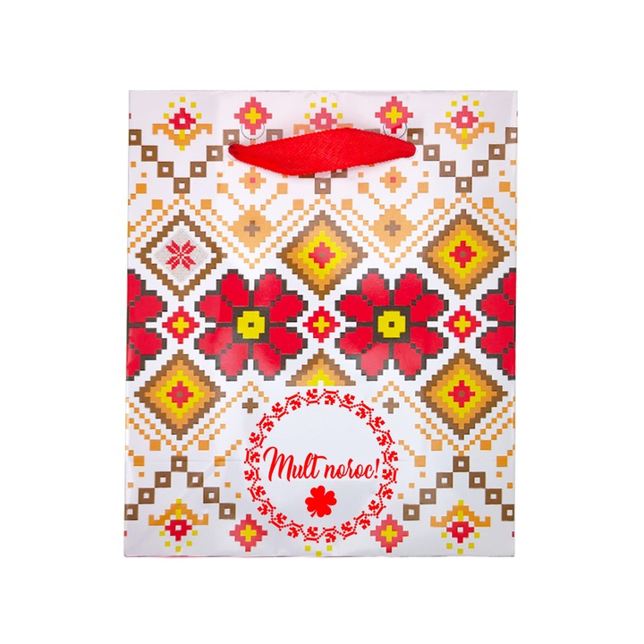 Punguta Cadou Motive Flori Mult Noroc, 12x14.5x6cm