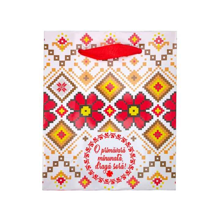 Punguta Cadou Motive Flori Urare Sora, 12x14.5x6cm