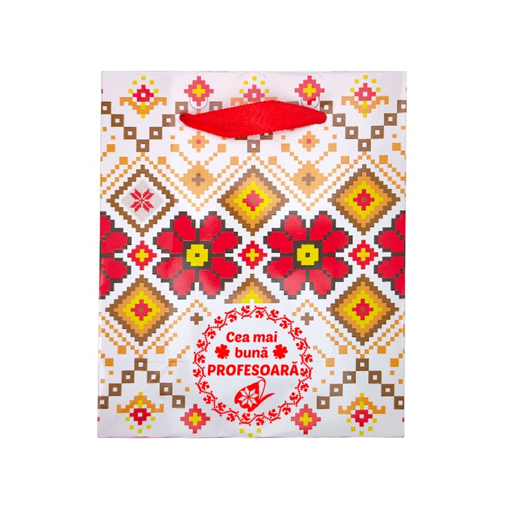 Punguta Cadou Motive Flori Dedicatie Profesoara, 12x14.5x6cm