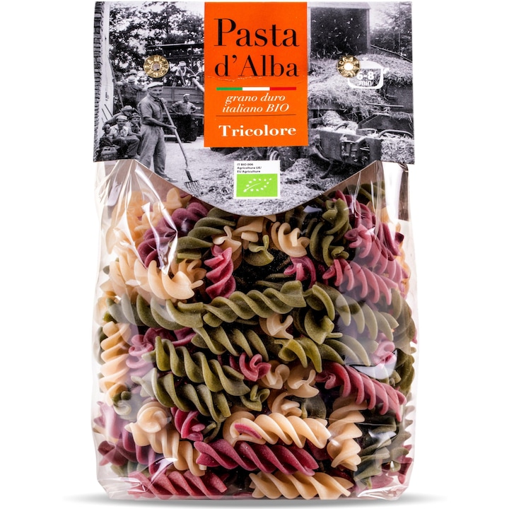 Paste tricolore fusilli BIO din grau dur, spanac si sfecla rosie