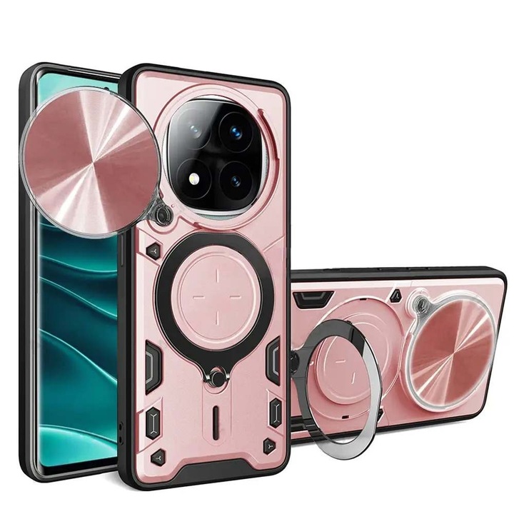 Husa pentru Xiaomi Redmi Note 14 Pro 5G cu protectie pentru camera si suport magnetic integrat Ring Shockproof roz