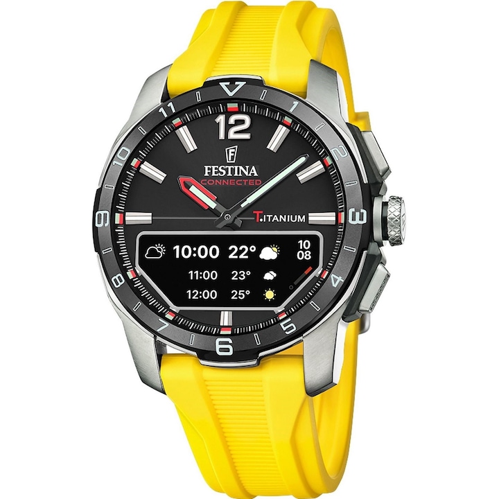 Ceas barbati Festina Connected, titan, negru, curea silicon galben, 44mm, rezistent la apa 30m