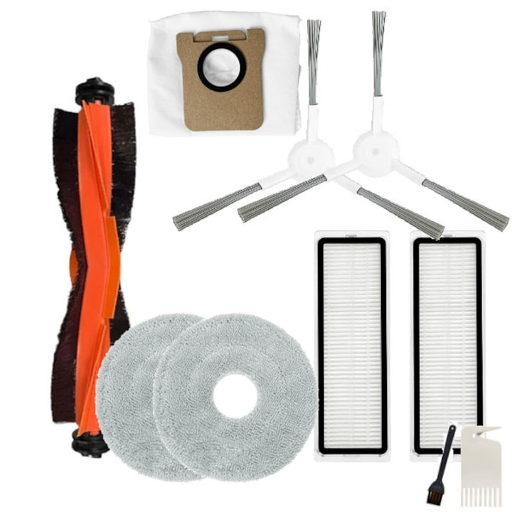 Set accesorii pentru Robot de aspirare Xiaomi X10+, 1 x perie centrala, 2 x perie laterala alba, 2 x filtru Hepa, 2 x mop circular, 1 x sac colectare praf, 1 x perie curatat praf, 1 x cutit