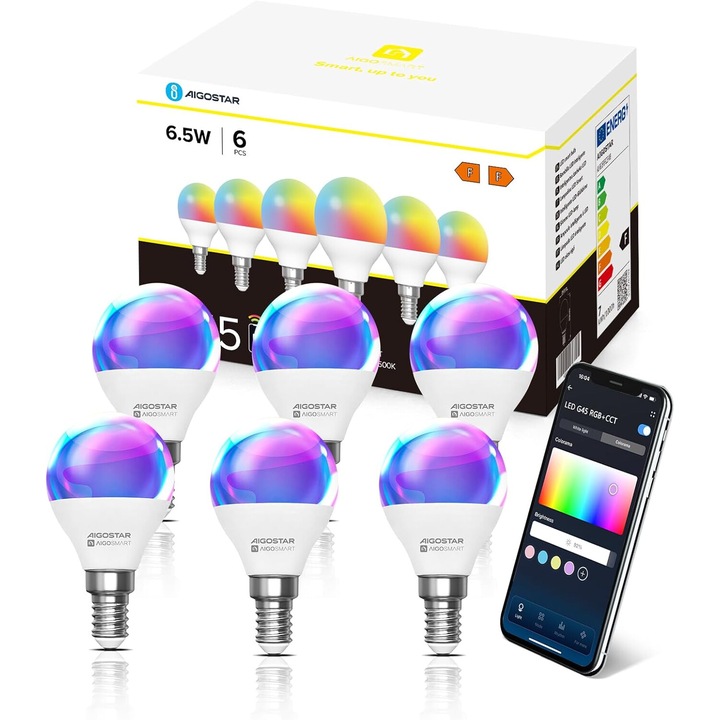 Bec inteligent RGBCW G45 E14 6, 5 W, compatibil cu Alexa/Google Home, nu este necesar hub, Telecomanda, control vocal, 6 bucati