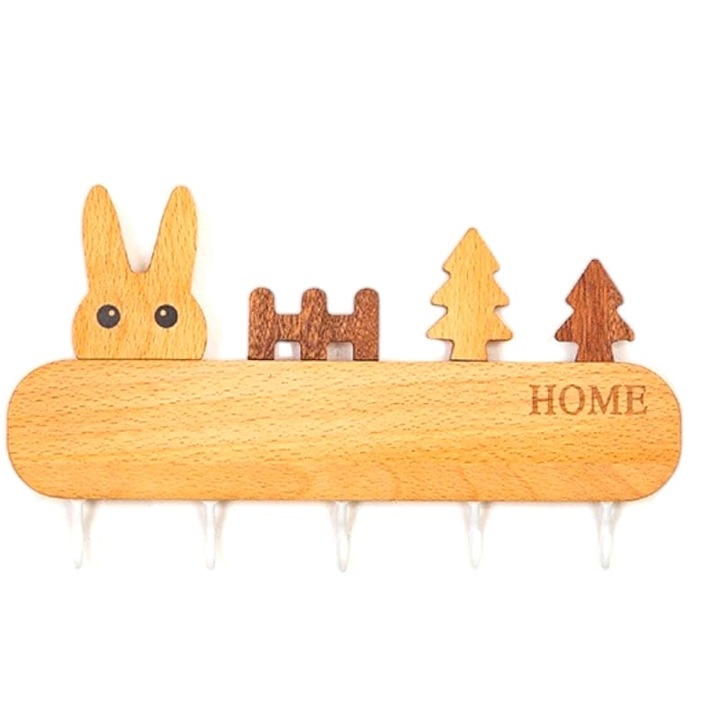 Fa fogas fali tartó 5 kampóval kulcsokhoz és kalapokhoz