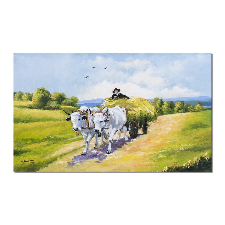 Tablou pictat manual living, Carul cu boi, 100x60cm ulei pe panza, reproducere Nicole Grigorescu, gata de expus pe perete