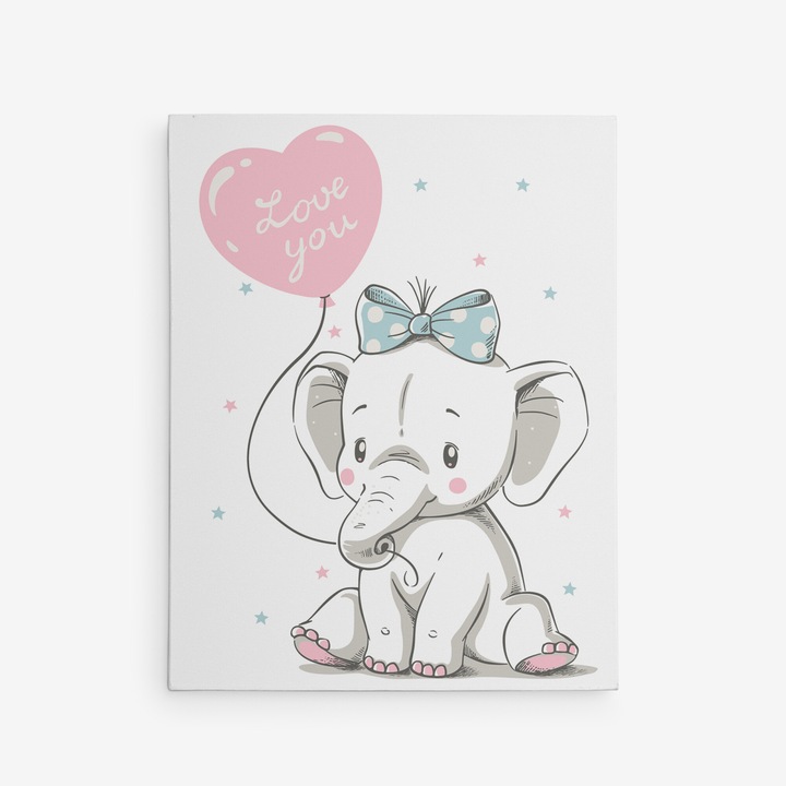 Tablou decor canvas in camera copiilor, 35x45CM, Elefant cu balon "Love you"