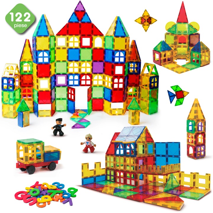 Set Inteligent de Constructie Magnetic, Educativ si Creativ CRISS ELITE® – 122 Piese Multicolore, 2 Figurine, Platforma cu Roti, Litere si Cifre Magnetice, Husa depozitare, Joc STEM