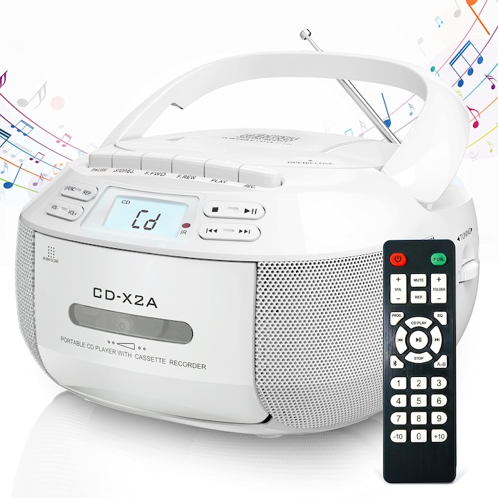 Boombox MP3 lejátszó Bluetooth-szal, AM/FM rádióval, távirányítóval, kazettafelvételi funkcióval, magnószalagos felvételkészítéssel, AC/DC tápegységgel, fejhallgató-csatlakozóval, LCD kijelzővel otthonra, gyerekeknek, ajándék, WALALLA, fehér
