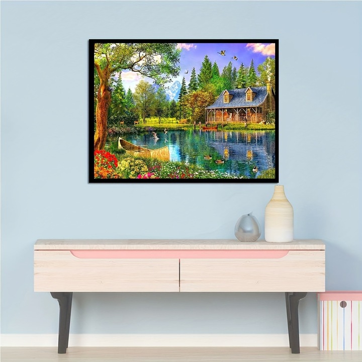 Set tablouri pe numere, Xmasneed, cabana lac, 40x50cm, fara rama, 3 pensule, vopsele acrilice