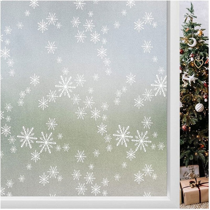 Folie Decorativa Privacy Pentru Geamuri - Home&Office, Protectie UV, Model - Fulgi De Zapada, Dimensiuni 200x60 cm, Luxer