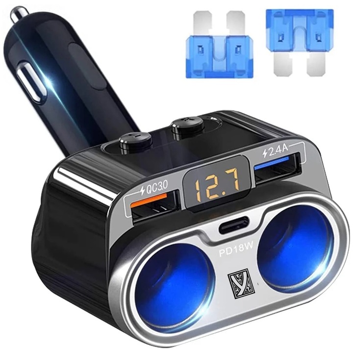 Adaptor bricheta auto 5 porturi, Fast charge, Cip inteligent distribuire 150W in total, Afisaj voltaj, Pornire/oprire priza individuala, Pliabil, 2 sigurante rezerva, Negru