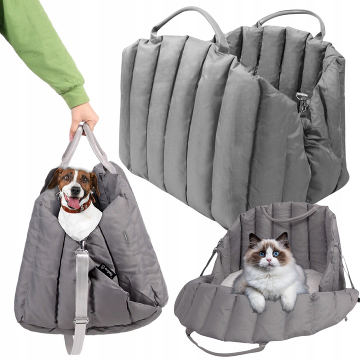 Geanta pentru caine sau pisica, Wobell, 3 in 1 cu culcus, Poliester/Piele ecologica, impermeabila, pana la 5 kg, 50x40x40 cm, Gri