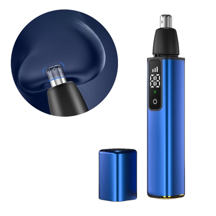 Trimmer pentru parul din nas si urechi, albastru, 360 lame din otel inoxidabil, incarcare USB, dimensiuni 13.2x2.3x2.3cm