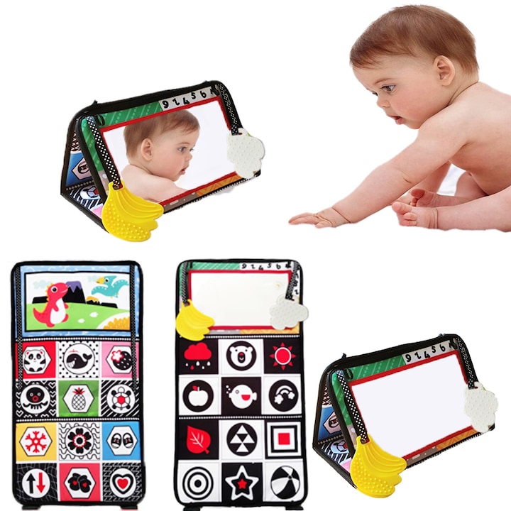 Jucarii pentru bebelusi 0-3-6 luni: Esentiale Montessori – oglinda cu pliuri si carte senzoriala
