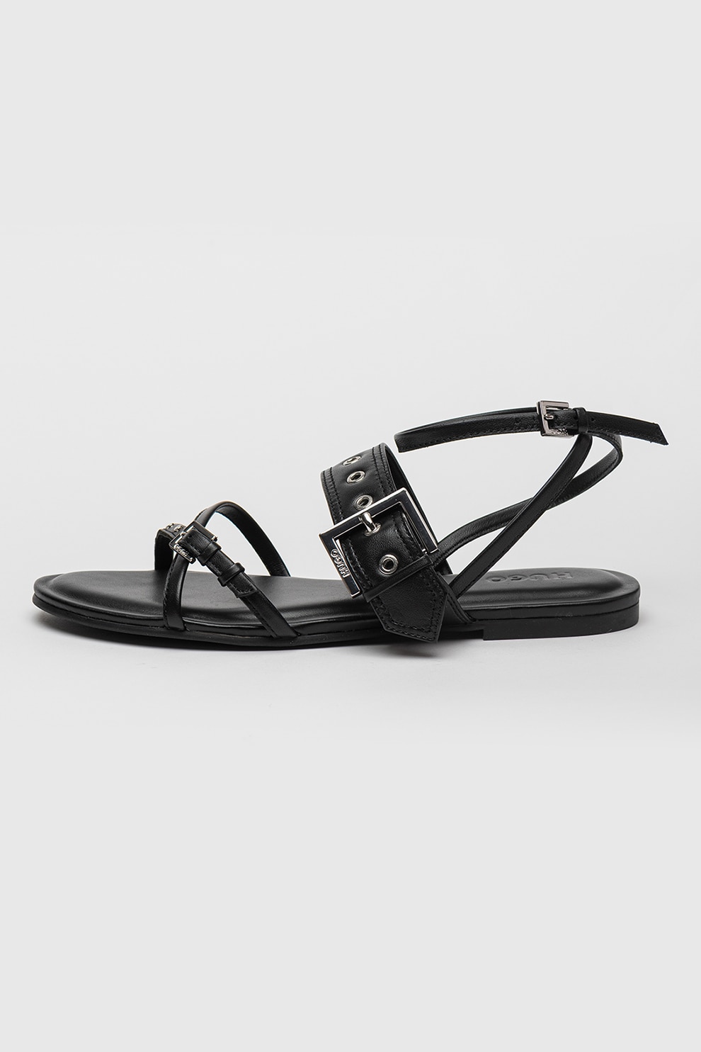HUGO, Sandale de piele cu talpa joasa si catarama, Negru, 39
