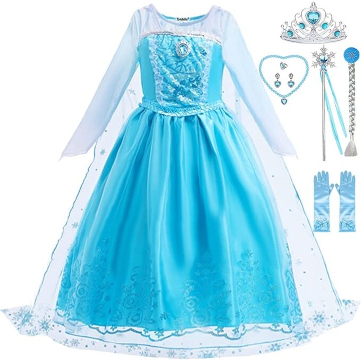 Rochie de Printesa Elsa Tyidalin, Costum Frozen Set cu Manusi, Codita impletita, Coronita, Bagheta, Inel, Cercei, Lantisor, 134-140 cm, culoare Albastru