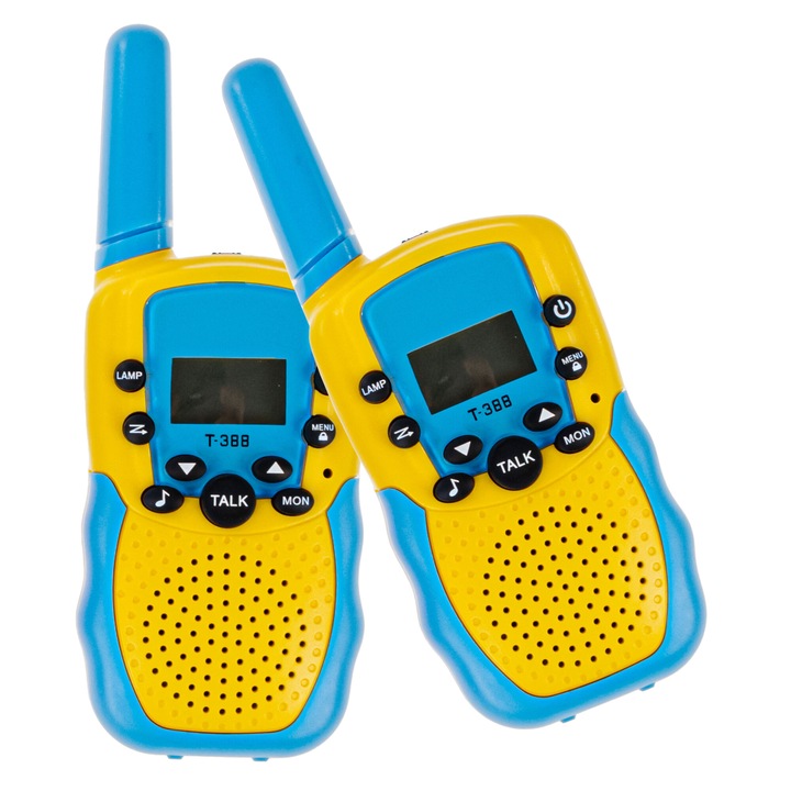 Walkie talkie gyerekeknek, 2 walkie talkie készlet, zseblámpa, nagy hatótávolságú, kék/sárga, 3+