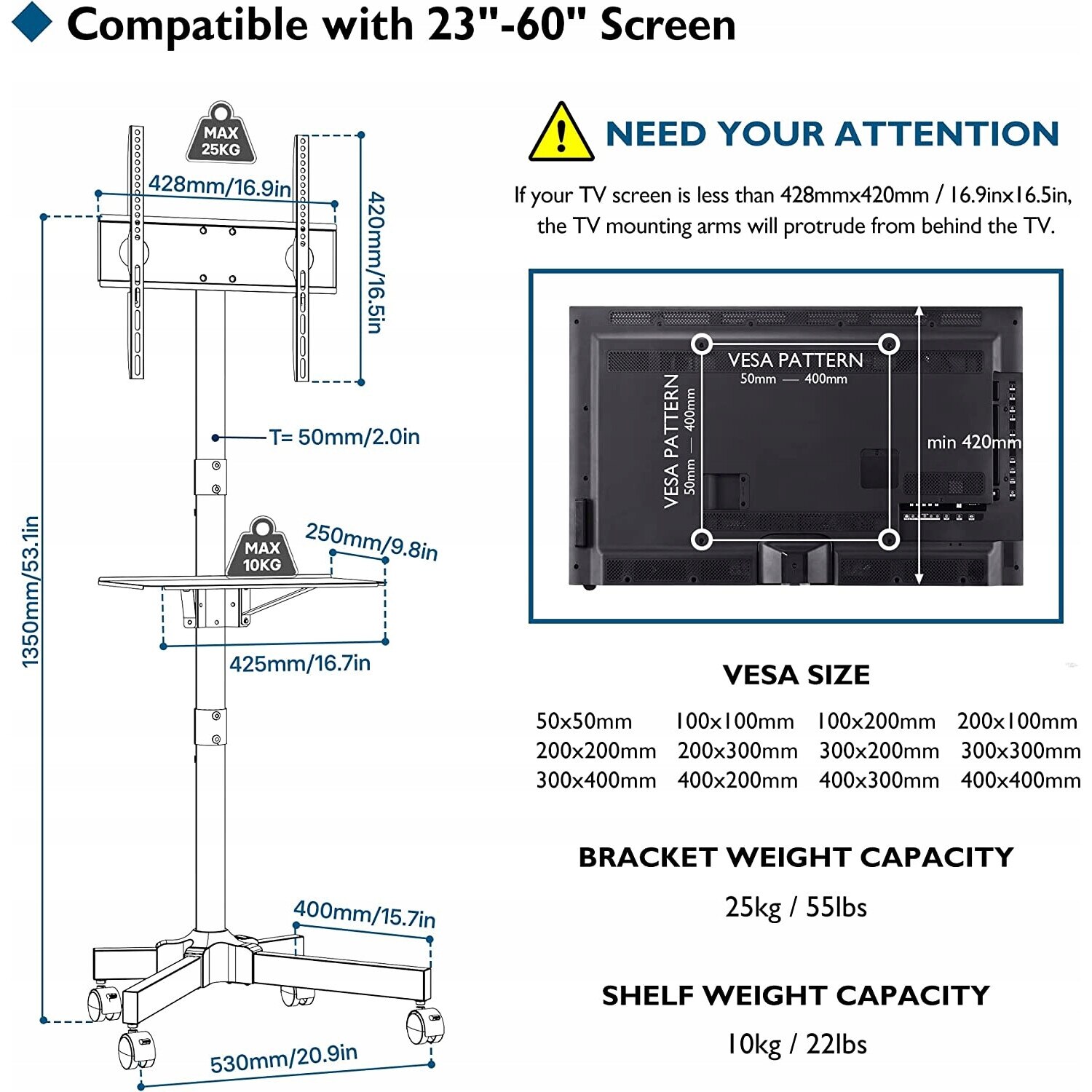 Suport TV mobil, Luka, model 60BL-1, pentru ecrane 23-60 inci, 25 kg ...