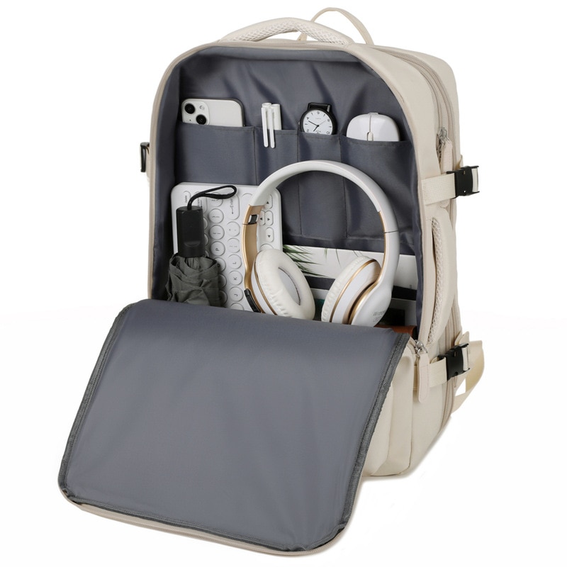 Geanta pentru computer de 16 inchi, Fudisenn®, rucsac de bagaje multifunctional, extensibil, stocare multistrat, impermeabila, cu port de incarcare USB, se poate fixa pe valiza, bej
