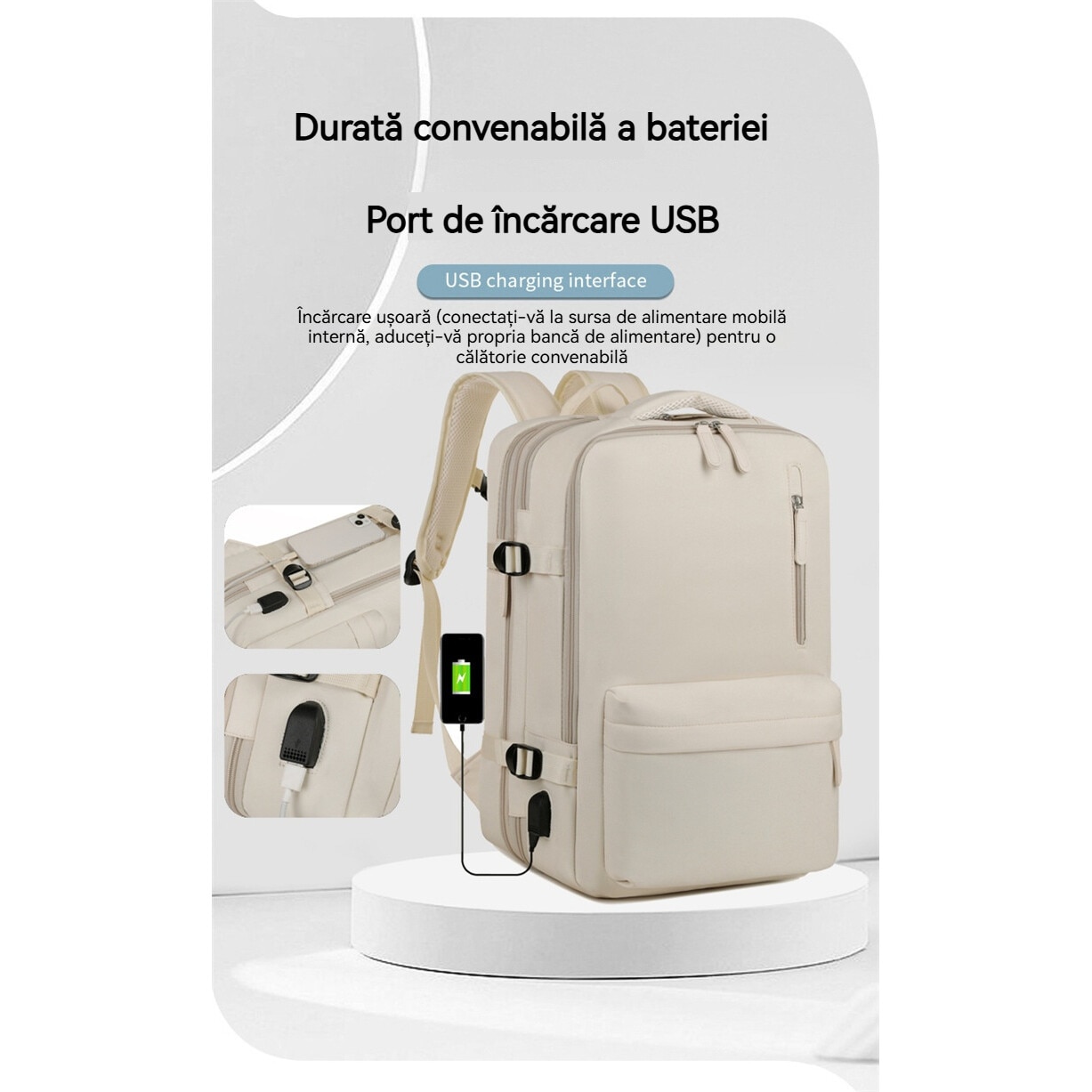 Geanta pentru computer de 16 inchi, Fudisenn®, rucsac de bagaje multifunctional, extensibil, stocare multistrat, impermeabila, cu port de incarcare USB, se poate fixa pe valiza, bej