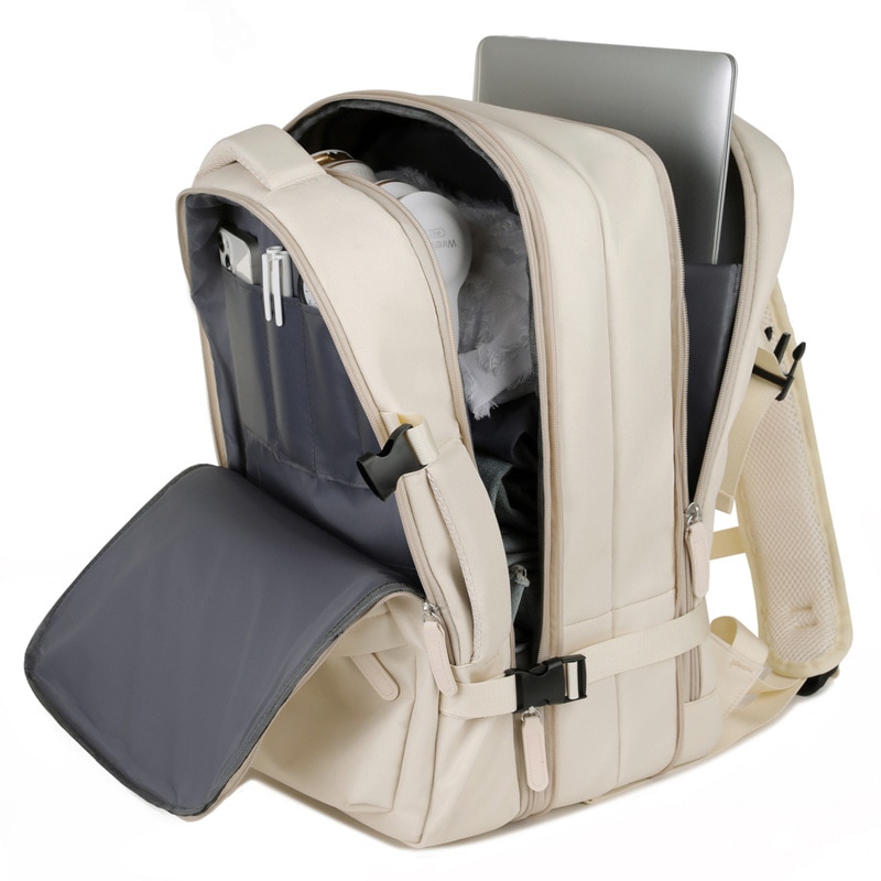 Geanta pentru computer de 16 inchi, Fudisenn®, rucsac de bagaje multifunctional, extensibil, stocare multistrat, impermeabila, cu port de incarcare USB, se poate fixa pe valiza, bej