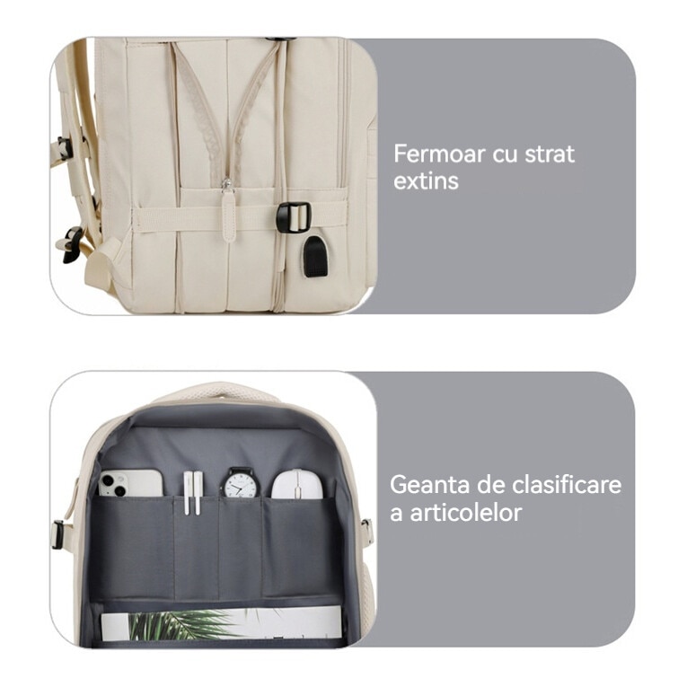 Geanta pentru computer de 16 inchi, Fudisenn®, rucsac de bagaje multifunctional, extensibil, stocare multistrat, impermeabila, cu port de incarcare USB, se poate fixa pe valiza, bej
