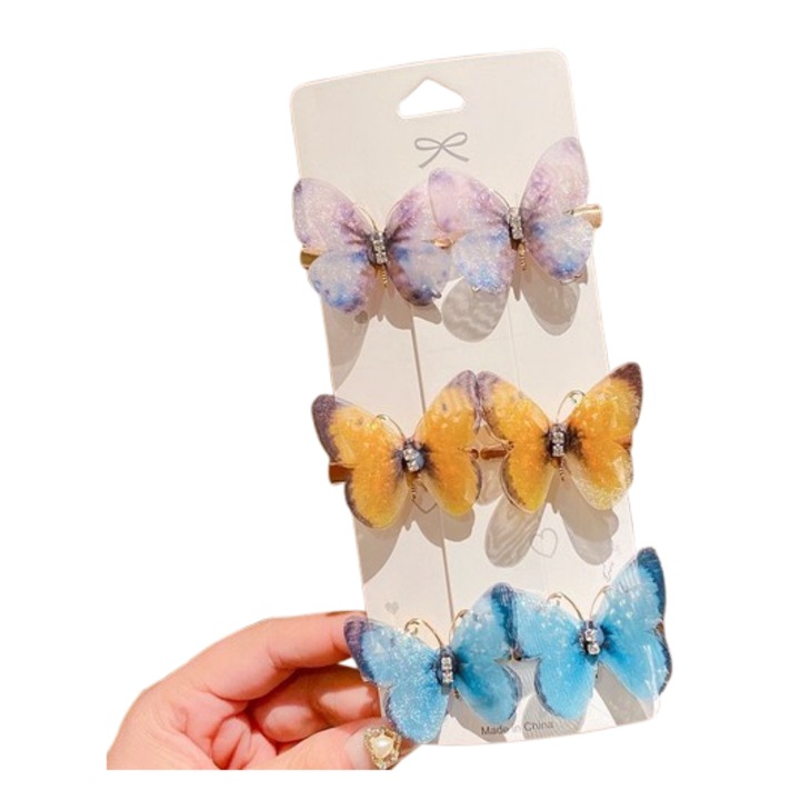 6 db-os hajcsat készlet, édes pillangókkal, kézzel készített fém ötvözetből csillogó, színes pillangók