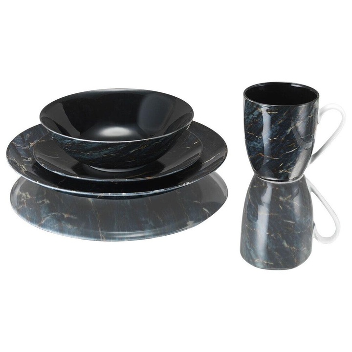 Serviciu Masa pentru 4 Persoane, 16 Piese, Van Well, Design Marmorat, Negru