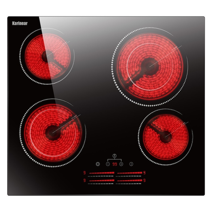 Karinear beépíthető elektromos főzőlap, vitrokerámia, 60cm, 4 égős, 6600W, érintésvezérlés, 220V-240V, aljzat nélkül
