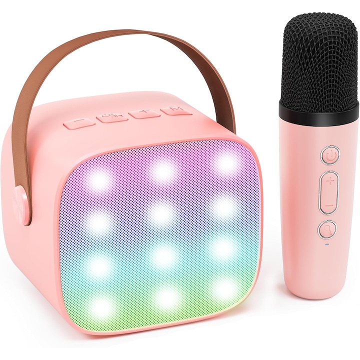 Set Karaoke Wireless pentru Copii PartyON™ Voci Magice, Microfon si Difuzor Portabil, Lumini Ambientale, Efecte Sonore, Bluetooth 5.3, Sunet Surround 3D, Player Muzical, Multifunctional, Reincarcabil, Volum Reglabil, Pink