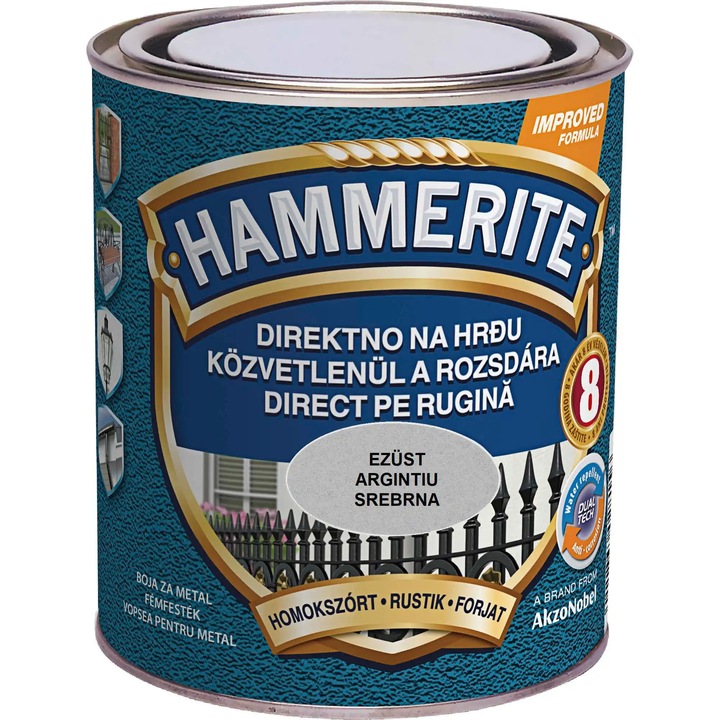Hammerite Kovácsoltvas fém zománc, belső/külső, ezüst színű, 0,75 L