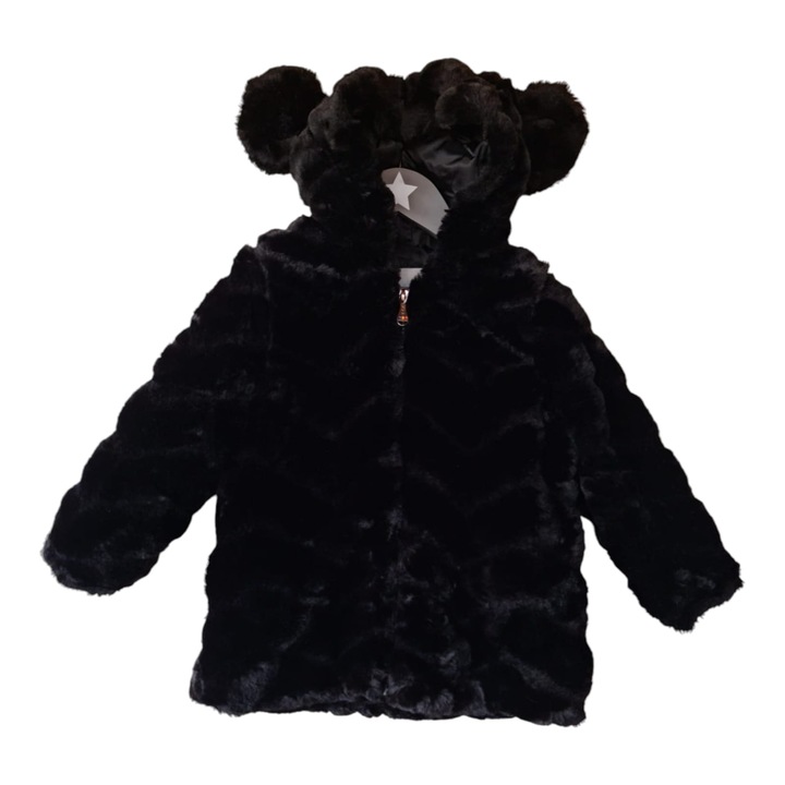 Haina blana ecologica cu fermoar si gluga cu urechiuse, fete, poliester, negru, Negru