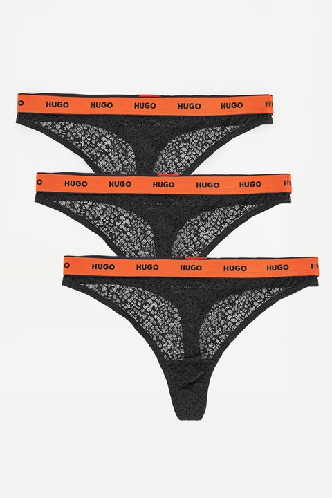 HUGO, Set de chiloti tanga din dantela cu banda logo in talie - 3 perechi, Negru/Rosu vermillion