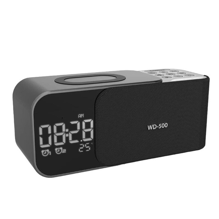 Радио часовник и безжично зареждане на телефон 15W TechONE Night Buddy Pro, нощна светлина, аларма, bluetooth високоговорител, аларма, черен
