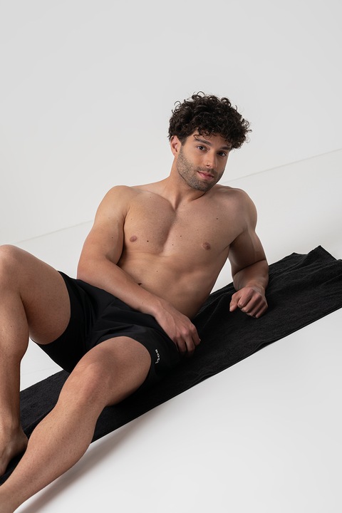 BOSS, Pantaloni scurti de baie cu snur in talie, Negru