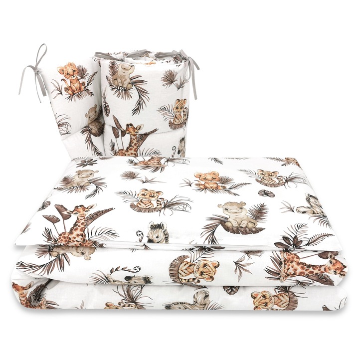 Lenjerie patut cu 3 piese, MimiNu, Pentru patut 120x60 cm, Cu protectie laterala, Din bumbac certificat Oeko Tex Standard 100, Savanna