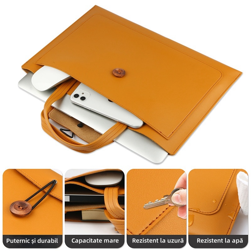 Servieta pentru laptop, clasificare si organizare, impermeabila si rezistenta la uzura, capacitate mare, usor de transportat, 3 compartimente, 16 inch, galben mustar